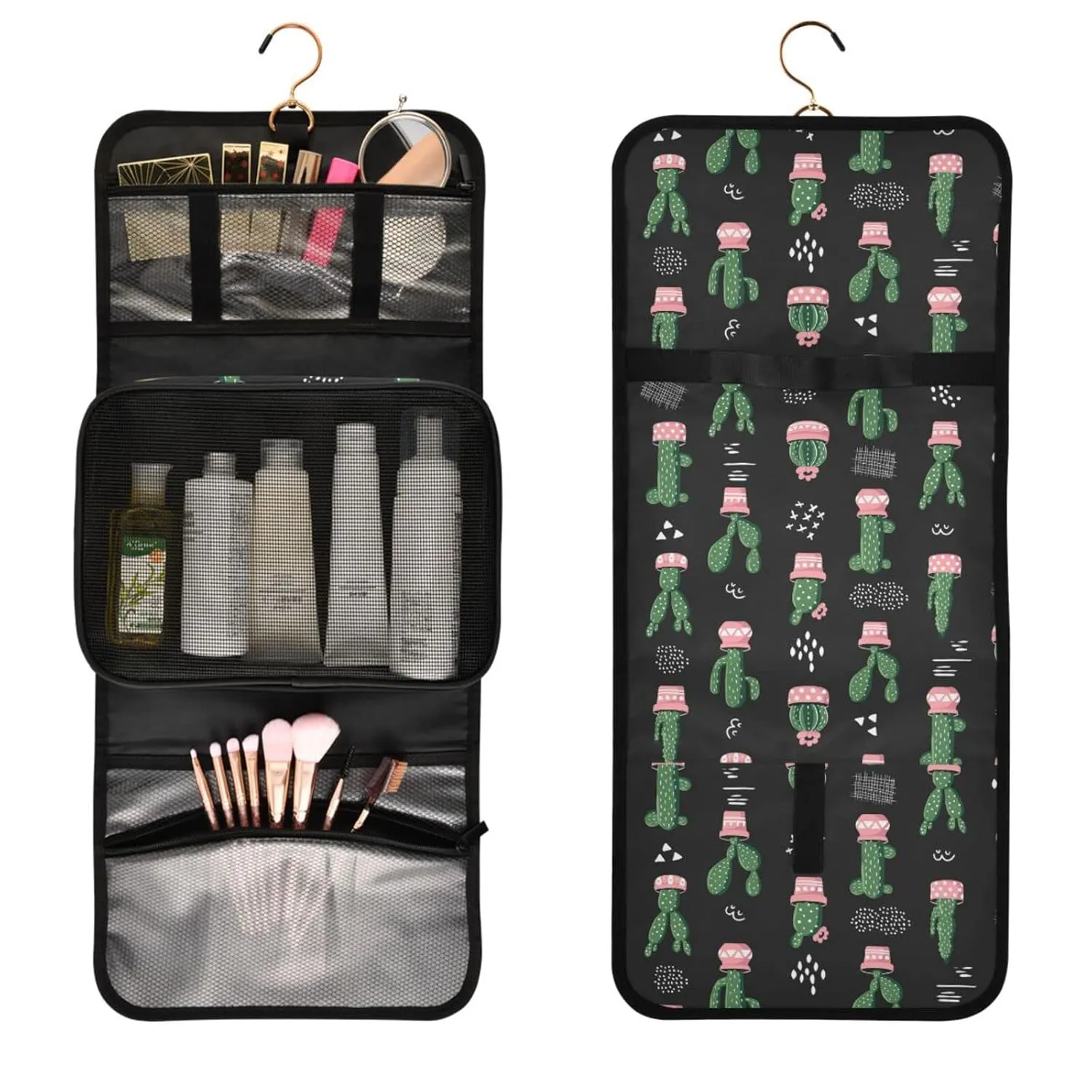 Seamless Red Cherries with Green Leaves on Black White Stripes 1 PC Hanging Toiletry Wash bag Portable Makeup Organizer Brush Storage Case Portable Travel Cosmetic with Hook