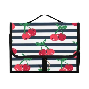 Seamless Red Cherries with Green Leaves on Black White Stripes 1 PC Hanging Toiletry Wash bag Portable Makeup Organizer Brush Storage Case Portable Travel Cosmetic with Hook