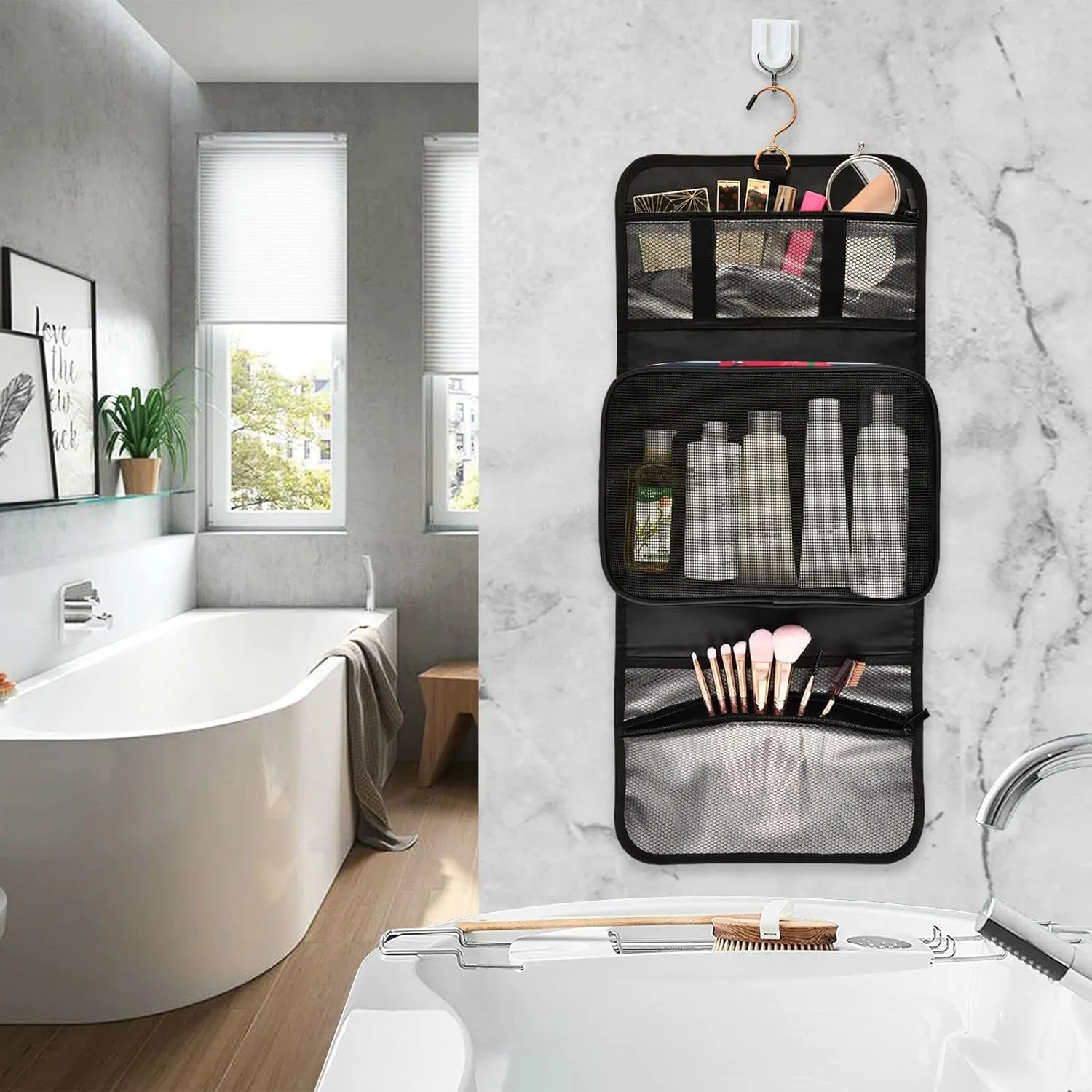 Seamless Red Cherries with Green Leaves on Black White Stripes 1 PC Hanging Toiletry Wash bag Portable Makeup Organizer Brush Storage Case Portable Travel Cosmetic with Hook
