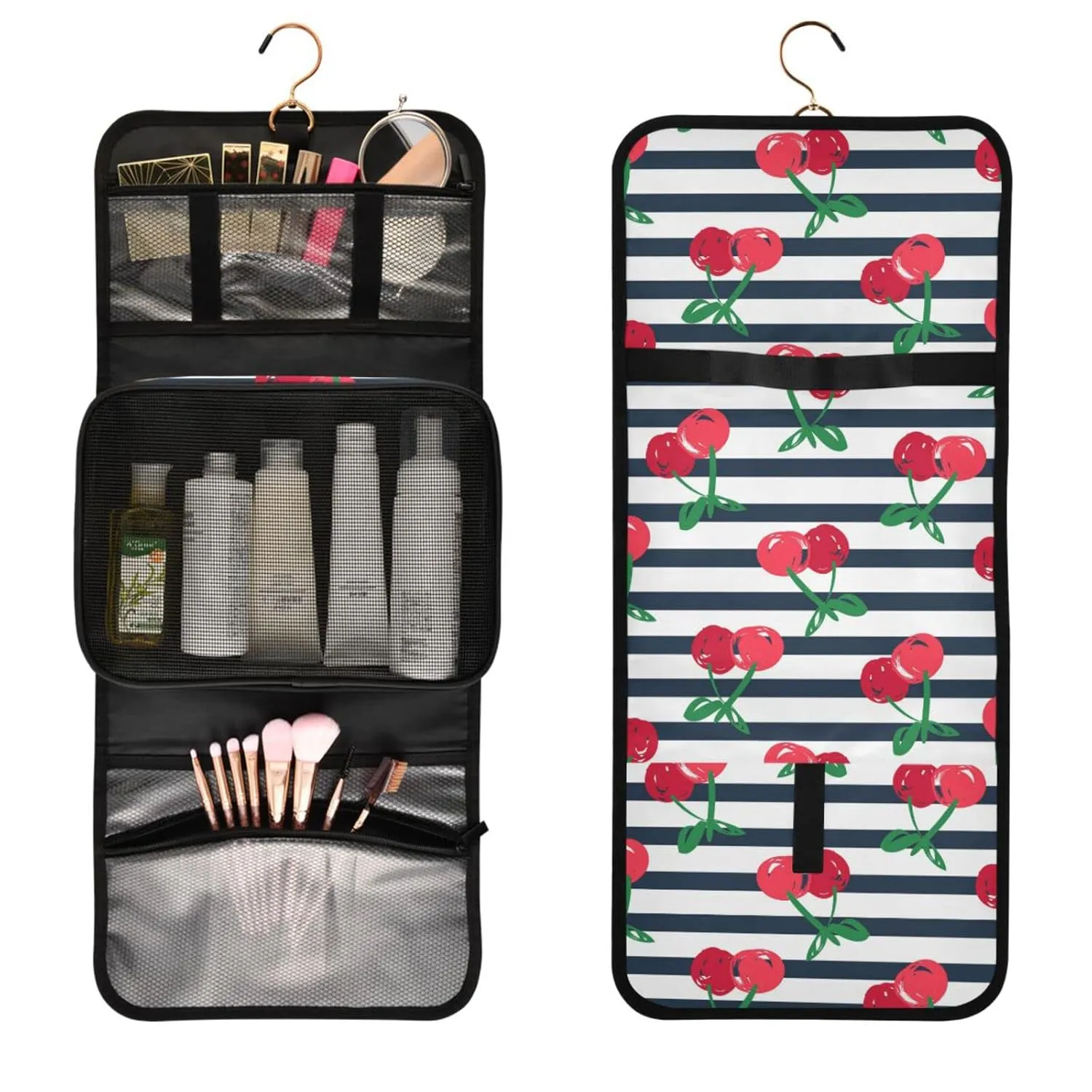 Seamless Red Cherries with Green Leaves on Black White Stripes 1 PC Hanging Toiletry Wash bag Portable Makeup Organizer Brush Storage Case Portable Travel Cosmetic with Hook