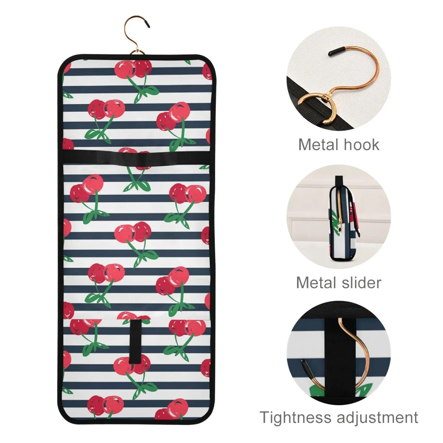 Seamless Red Cherries with Green Leaves on Black White Stripes 1 PC Hanging Toiletry Wash bag Portable Makeup Organizer Brush Storage Case Portable Travel Cosmetic with Hook