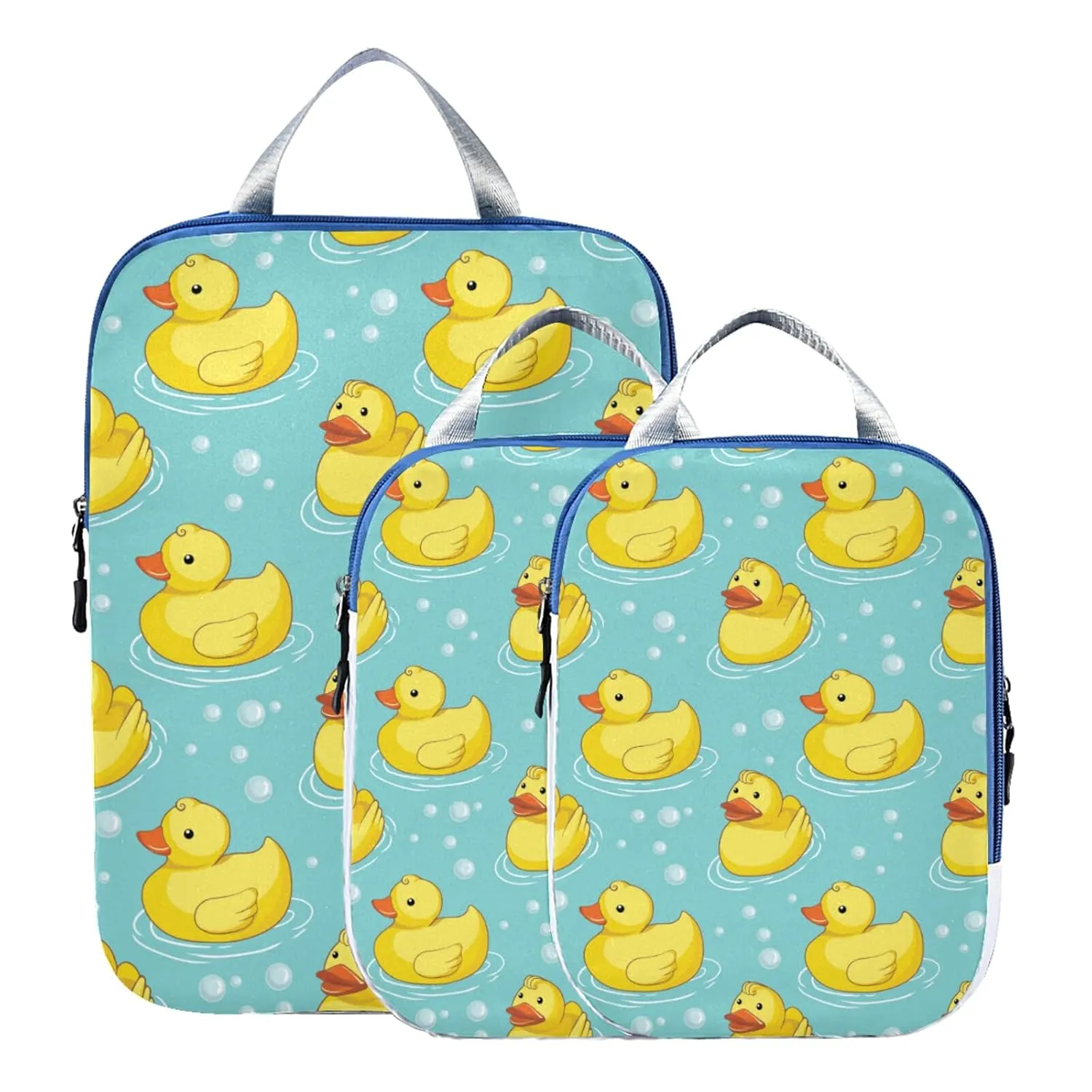 Seamless Yellow Ducks Swimming on Turquoise Water Bubbles 3 Piece set Cubes Expandable Adjustable Luggage Packing Bags, Ultralight Organizer Accessories Travel Suitcase Compressible Bags