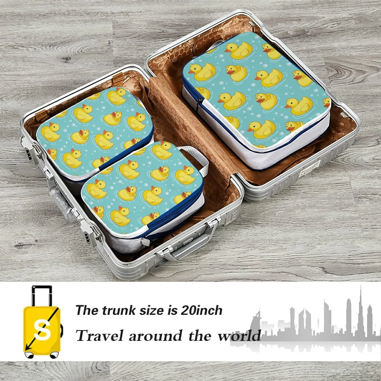 Seamless Yellow Ducks Swimming on Turquoise Water Bubbles 3 Piece set Cubes Expandable Adjustable Luggage Packing Bags, Ultralight Organizer Accessories Travel Suitcase Compressible Bags