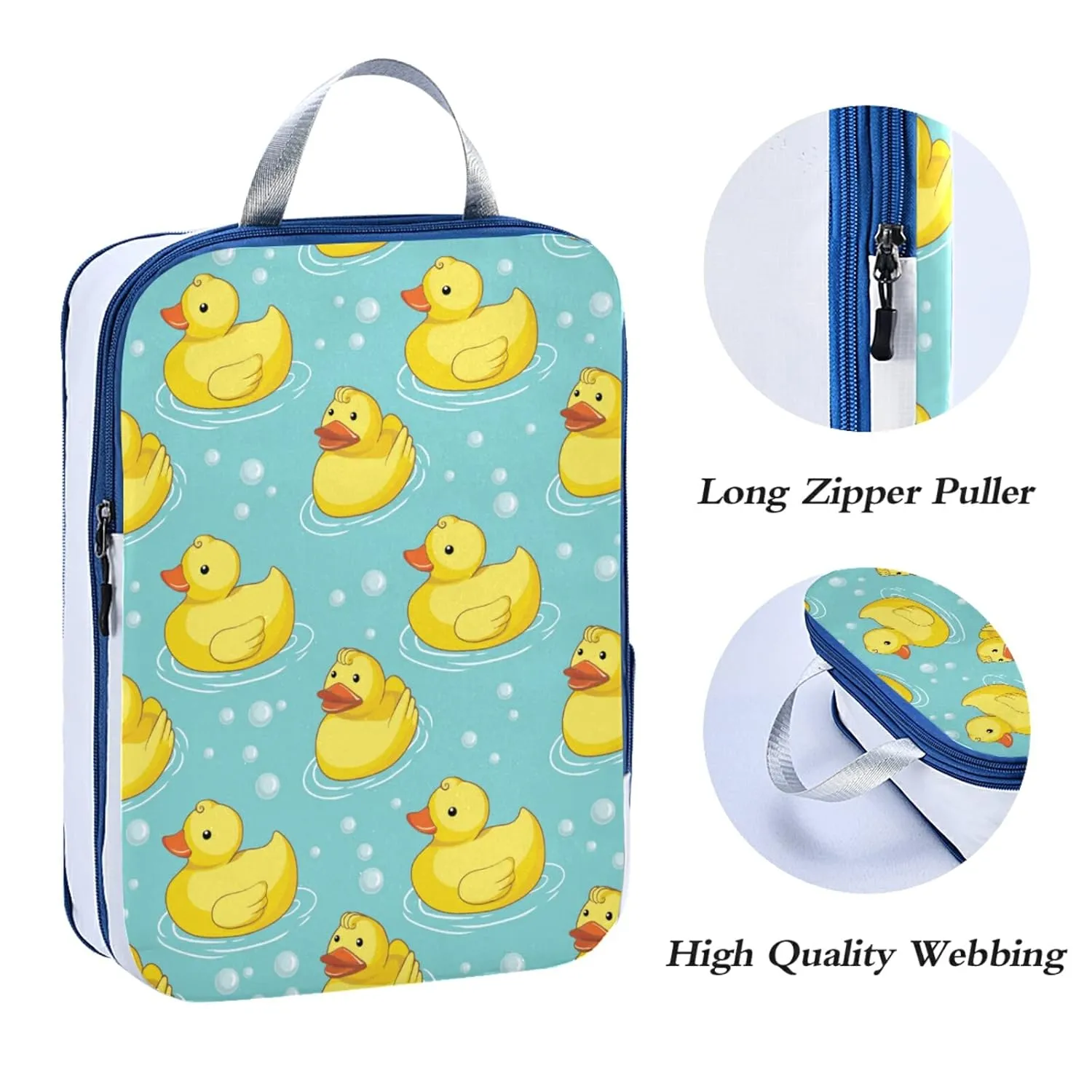 Seamless Yellow Ducks Swimming on Turquoise Water Bubbles 3 Piece set Cubes Expandable Adjustable Luggage Packing Bags, Ultralight Organizer Accessories Travel Suitcase Compressible Bags