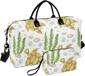 Seaweed Sea Turtle Yellow Travel Duffle Bag Duffel Bags Tote Gym Bag Weekender Bag Carry On Duffel Bags with Toiletry Bag Overnight Luggage Bag for Men Women Airplanes Trip Sports Yoga Adults