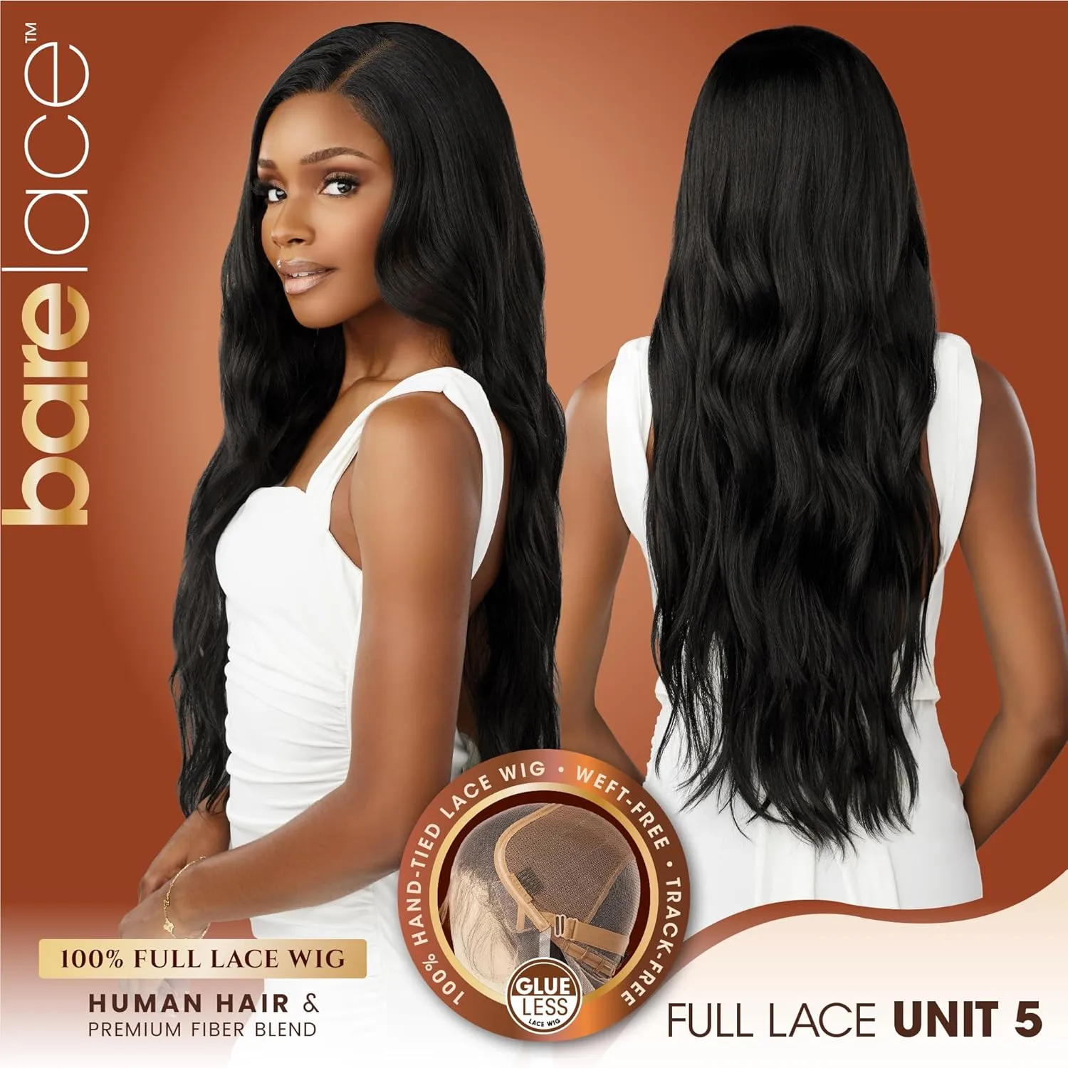 Sensationnel Bare Lace Fulllace Wig - Unit 5 Human Hair Blend All Lacefrontal Glueless Synthetic 180 Degree Preplucked Hairline (1B OFFBLACK)