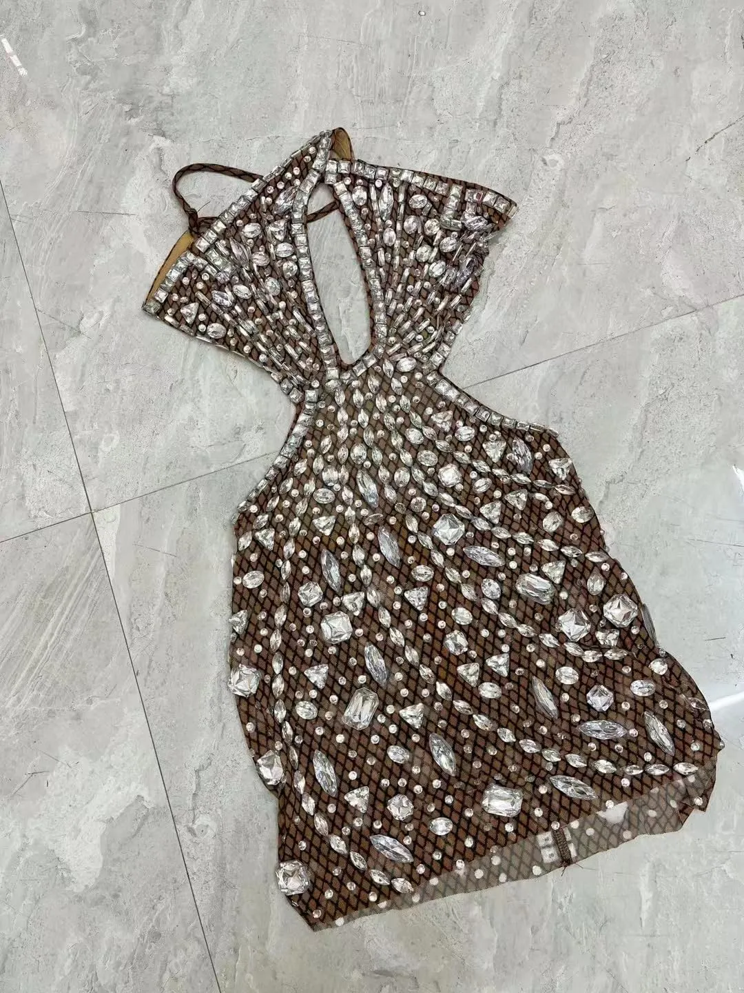 Sexy Backless Rhinestones Mini Dress Mesh Transparent Bodycon Party Outfit Women Cocktail Birthday Club Dress