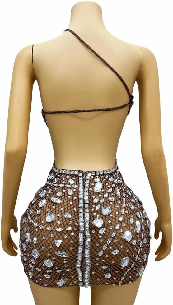 Sexy Backless Rhinestones Mini Dress Mesh Transparent Bodycon Party Outfit Women Cocktail Birthday Club Dress