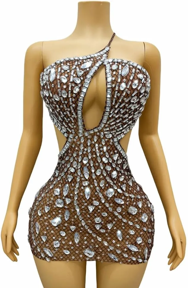 Sexy Backless Rhinestones Mini Dress Mesh Transparent Bodycon Party Outfit Women Cocktail Birthday Club Dress