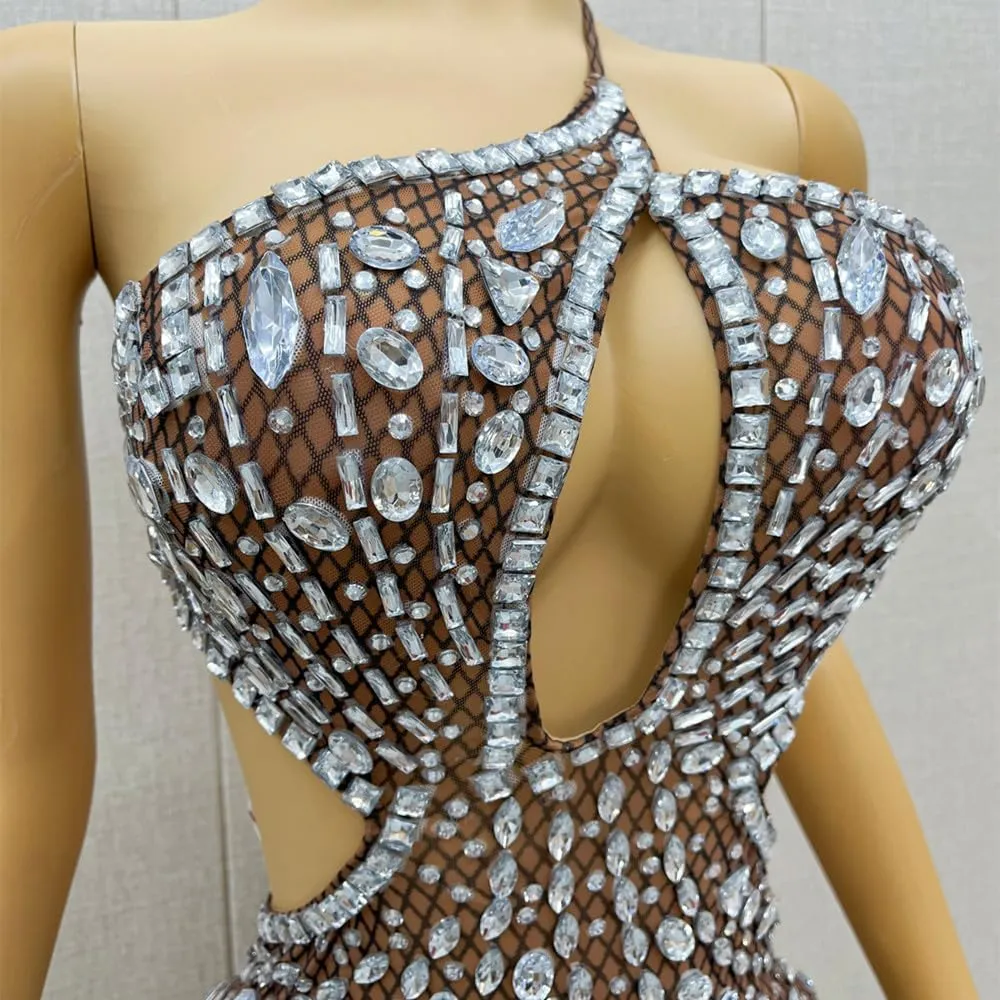 Sexy Backless Rhinestones Mini Dress Mesh Transparent Bodycon Party Outfit Women Cocktail Birthday Club Dress