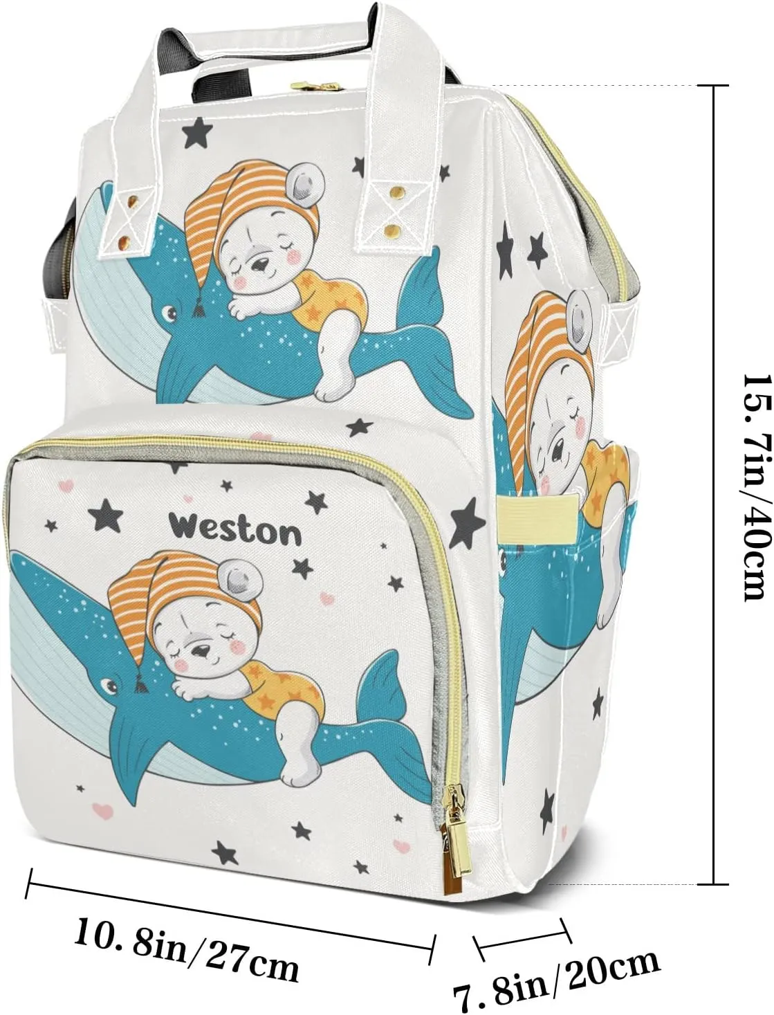 Shark Cute Sleep Bear Personalized Large Capacity Diaper Bags,Custom Name Backpack Casual Daypack Bag Nappy Bag Gifts