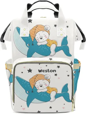 Shark Cute Sleep Bear Personalized Large Capacity Diaper Bags,Custom Name Backpack Casual Daypack Bag Nappy Bag Gifts