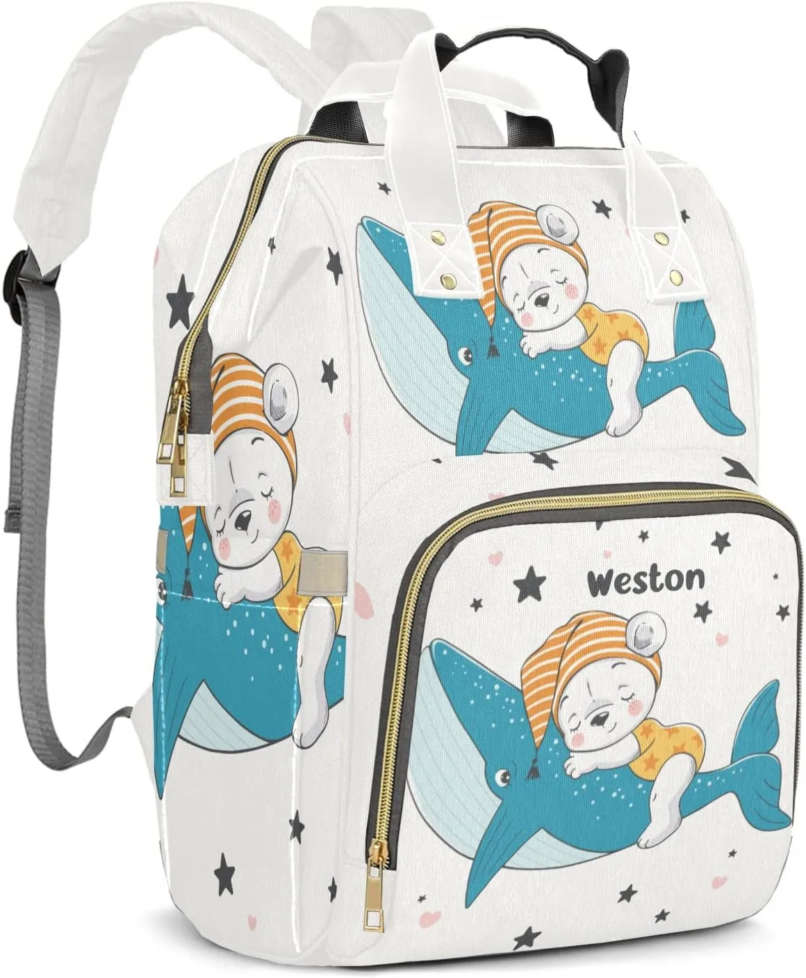 Shark Cute Sleep Bear Personalized Large Capacity Diaper Bags,Custom Name Backpack Casual Daypack Bag Nappy Bag Gifts