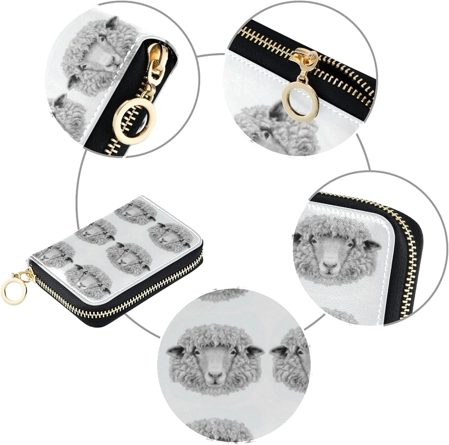 Sheep Portrait Black White Seamless Grey Credit Card Coin wallet, RFID Blocking Compact Women Leather Card Holder, Key Change Organizer, Zipper Purse Clutch Pouch Pocket