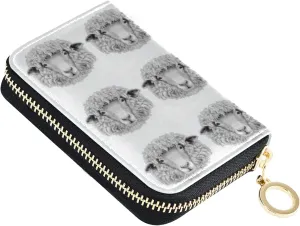 Sheep Portrait Black White Seamless Grey Credit Card Coin wallet, RFID Blocking Compact Women Leather Card Holder, Key Change Organizer, Zipper Purse Clutch Pouch Pocket