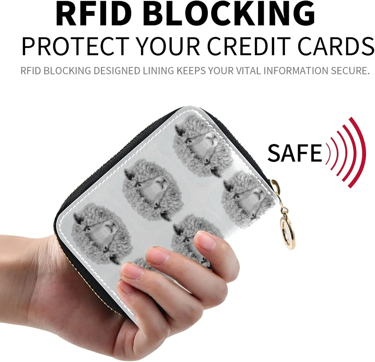 Sheep Portrait Black White Seamless Grey Credit Card Coin wallet, RFID Blocking Compact Women Leather Card Holder, Key Change Organizer, Zipper Purse Clutch Pouch Pocket