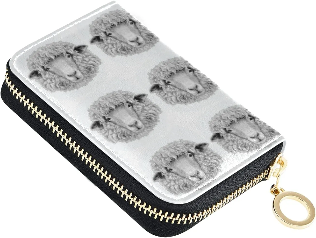 Sheep Portrait Black White Seamless Grey Credit Card Coin wallet, RFID Blocking Compact Women Leather Card Holder, Key Change Organizer, Zipper Purse Clutch Pouch Pocket