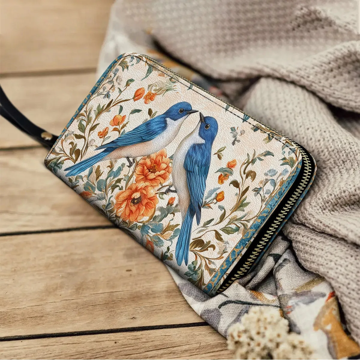 Shineful Leather Clutch Purse With Wristlet Strap Handle Bluebird Affection