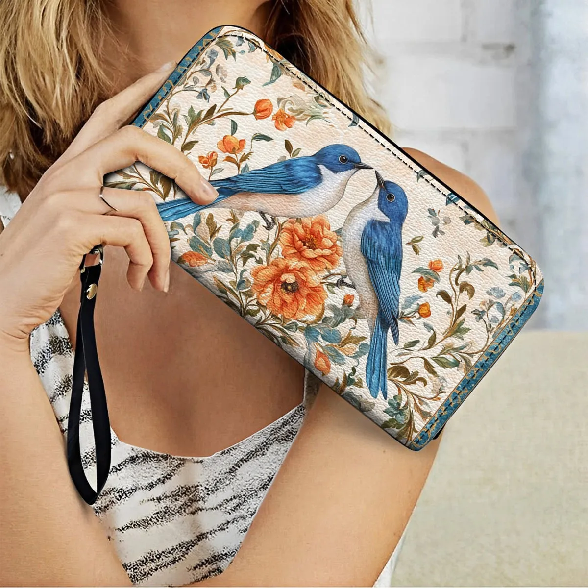 Shineful Leather Clutch Purse With Wristlet Strap Handle Bluebird Affection