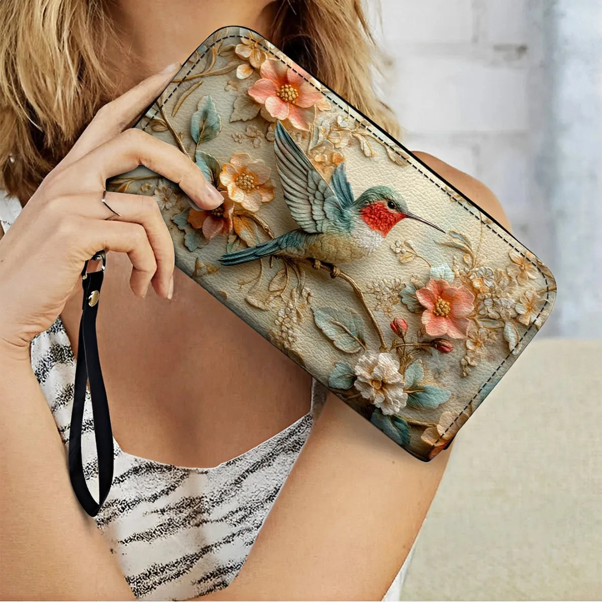 Shineful Leather Clutch Purse With Wristlet Strap Handle Hummingbird Whisper