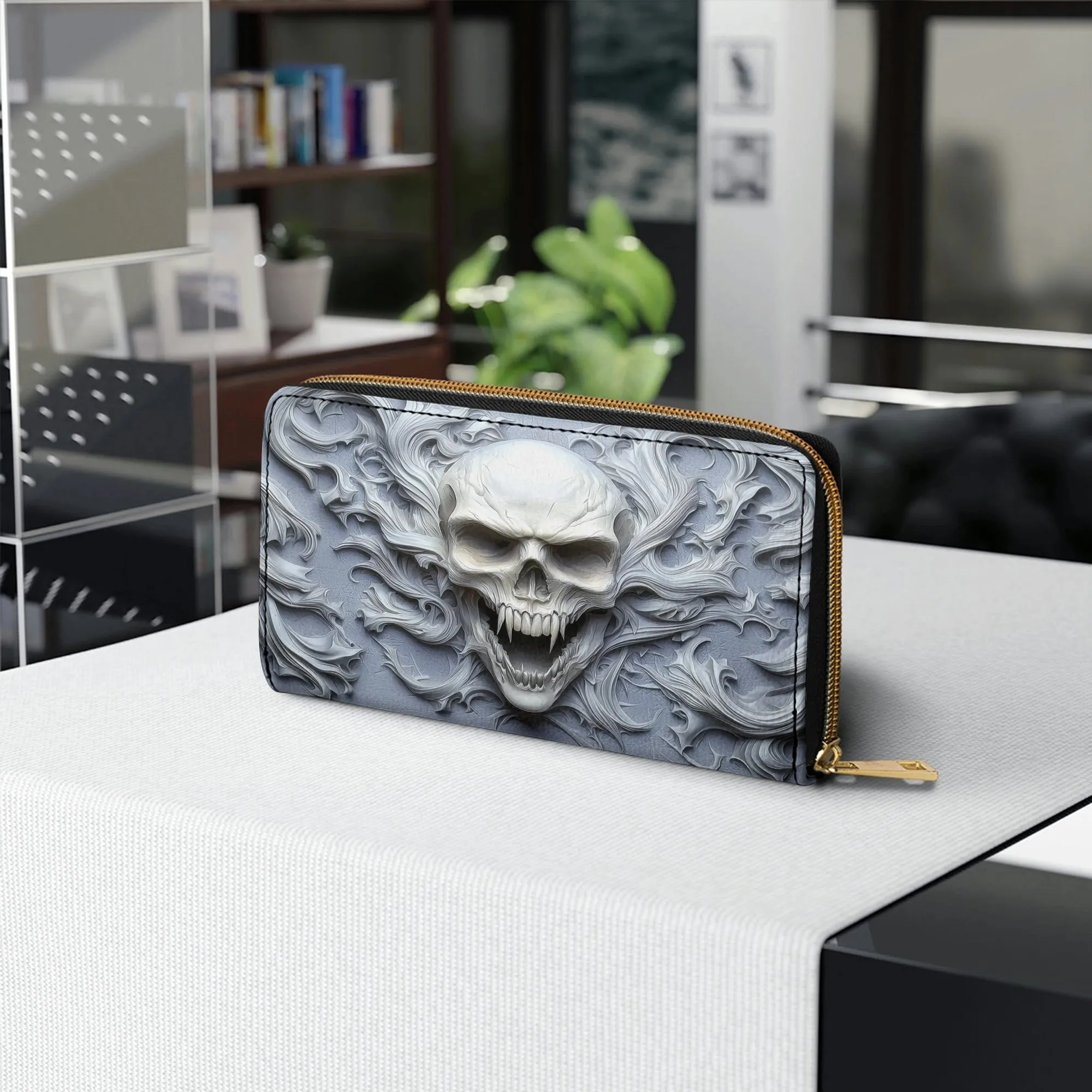 Shineful Leather Clutch Purse With Wristlet Strap Handle Skull Wraith Frost