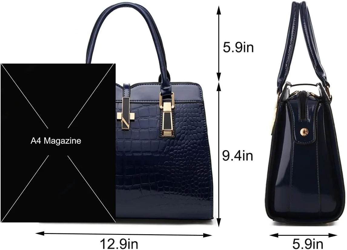 Shiny Patent Leather Handbag for Women Purse Crocodile Pattern Top-Handle Satchel Ladies Shoulder Bag Tote