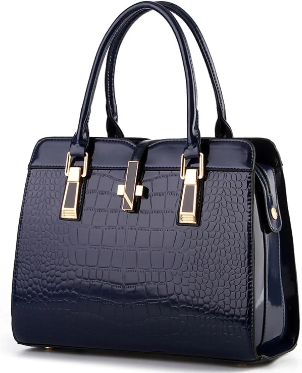 Shiny Patent Leather Handbag for Women Purse Crocodile Pattern Top-Handle Satchel Ladies Shoulder Bag Tote