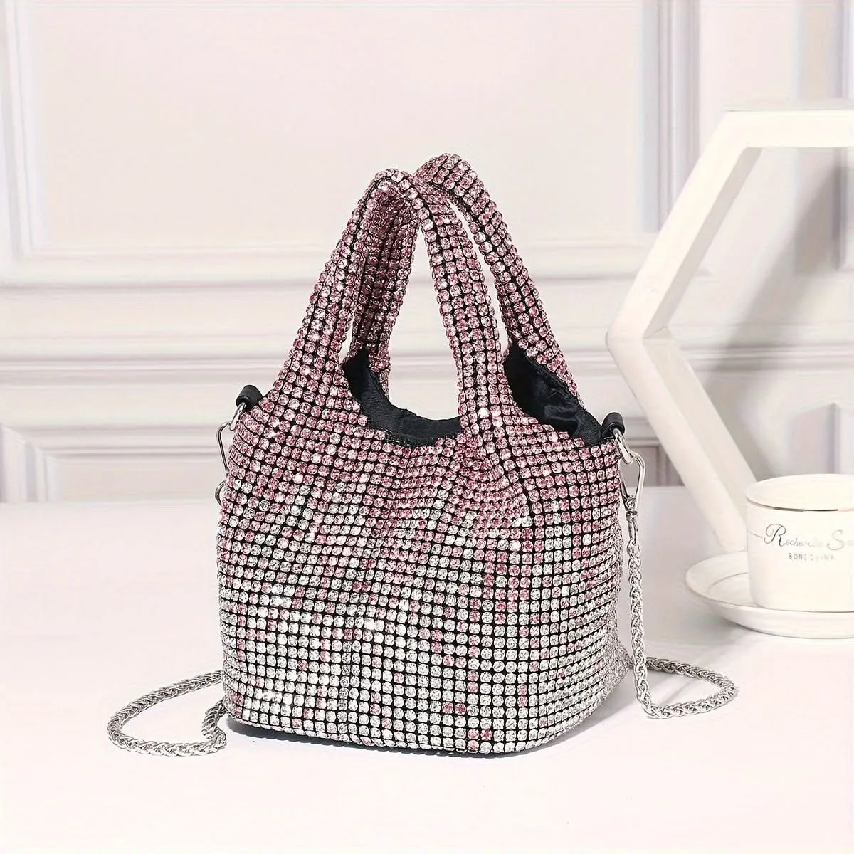 Shiny Rhinestone Bucket Bag with Chain Strap