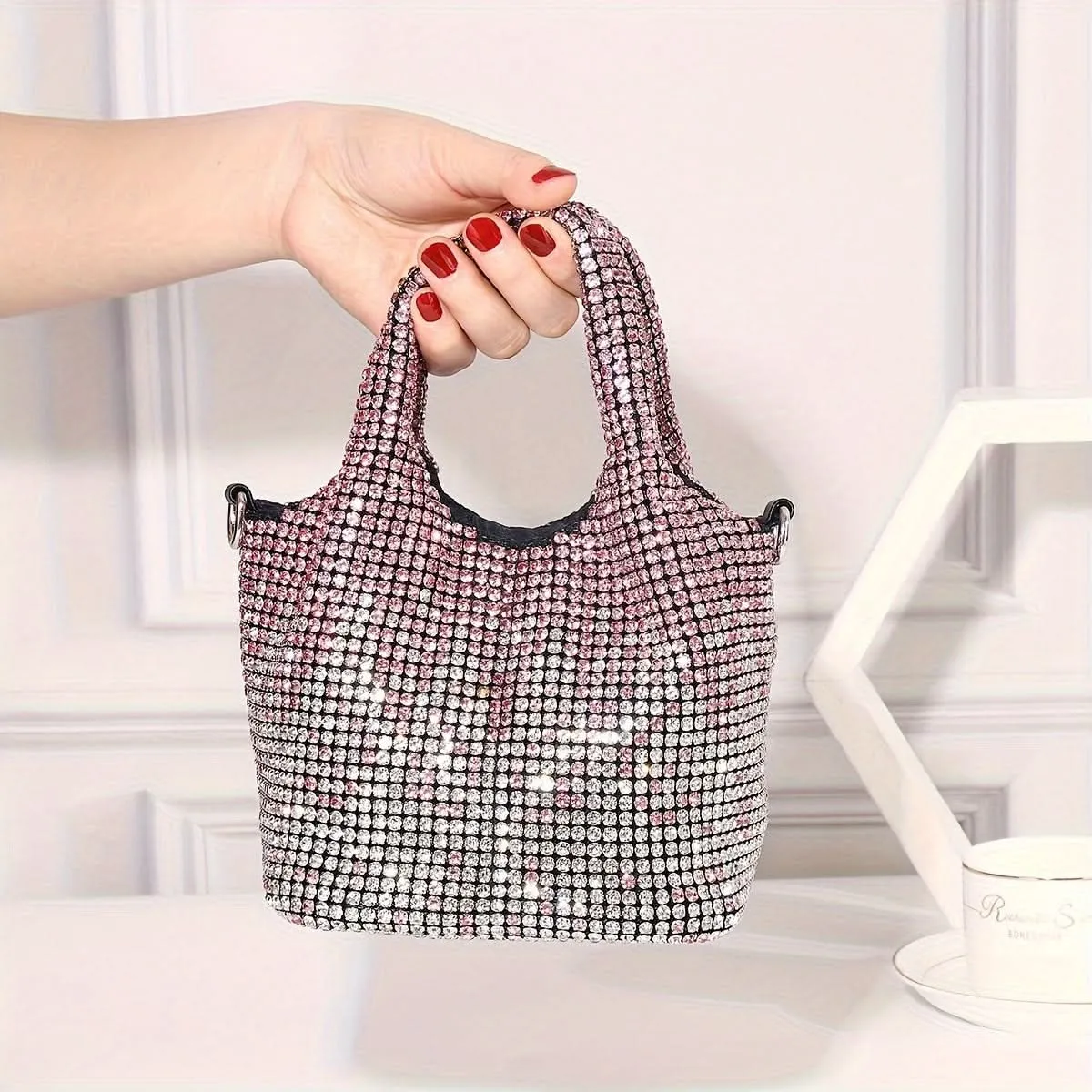 Shiny Rhinestone Bucket Bag with Chain Strap