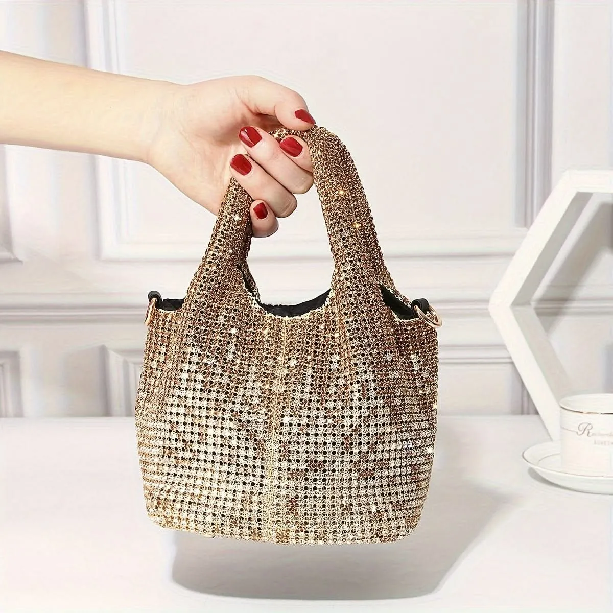Shiny Rhinestone Bucket Bag with Chain Strap