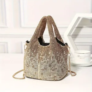 Shiny Rhinestone Bucket Bag with Chain Strap