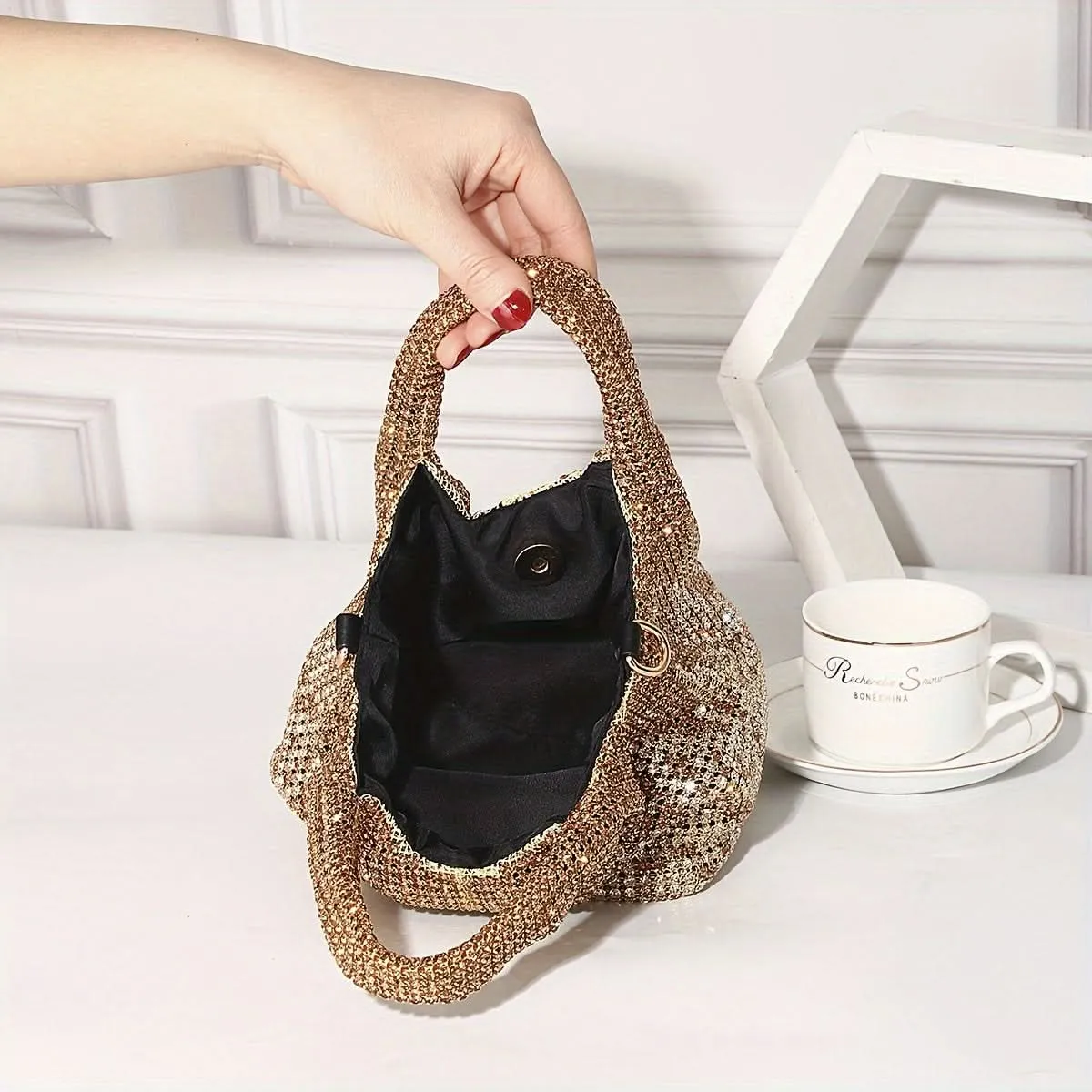Shiny Rhinestone Bucket Bag with Chain Strap