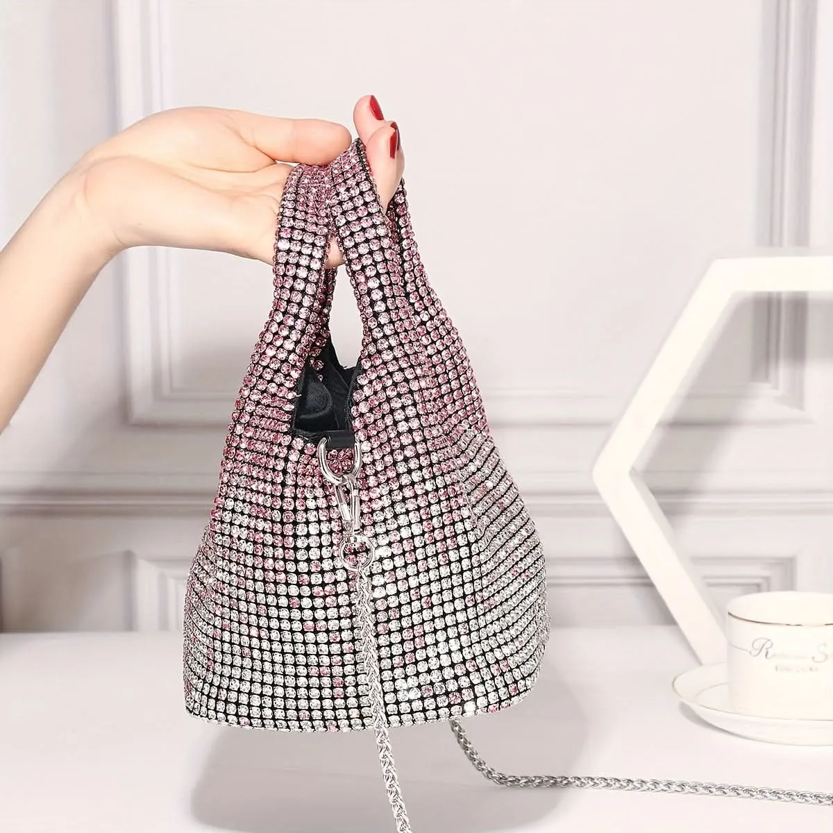 Shiny Rhinestone Bucket Bag with Chain Strap