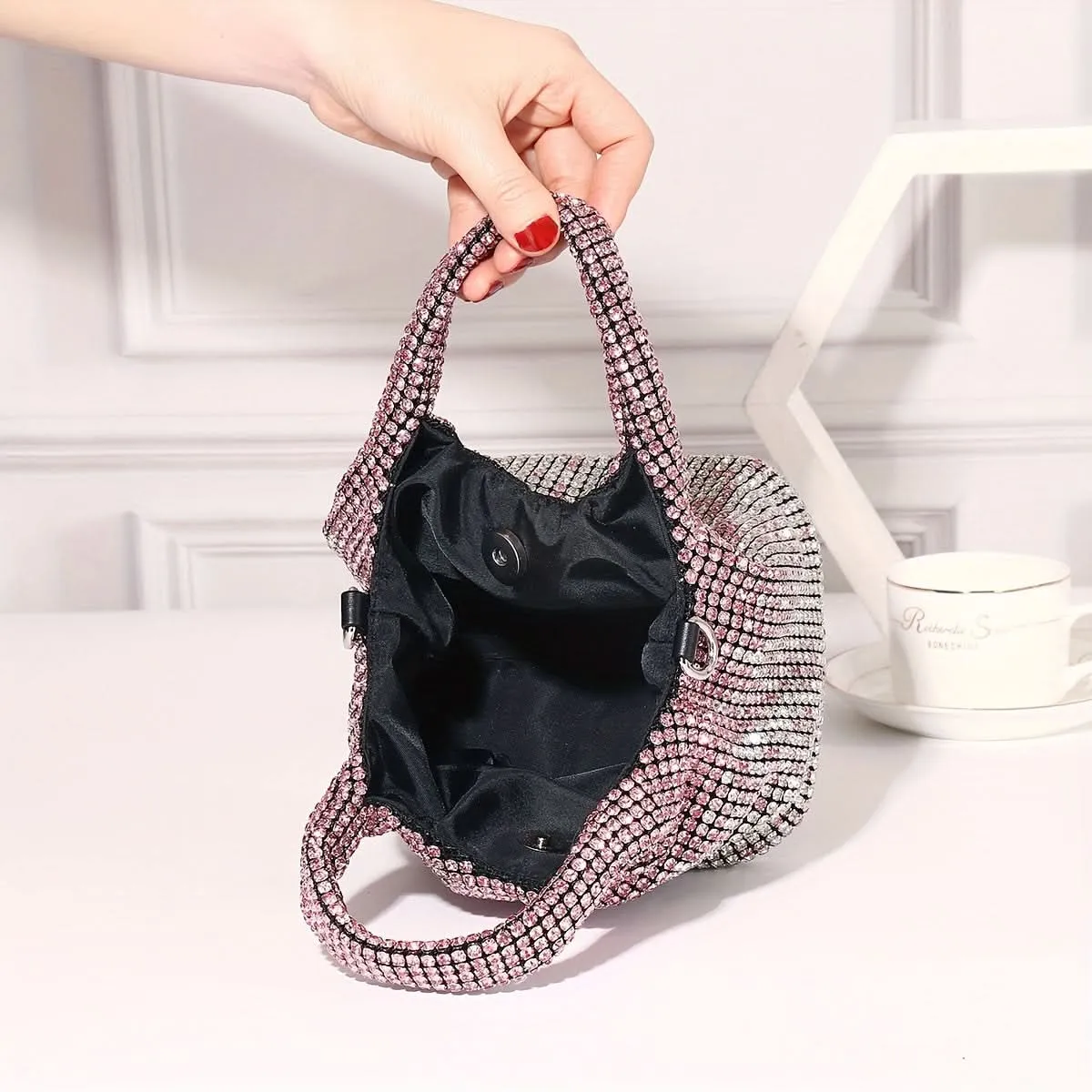 Shiny Rhinestone Bucket Bag with Chain Strap
