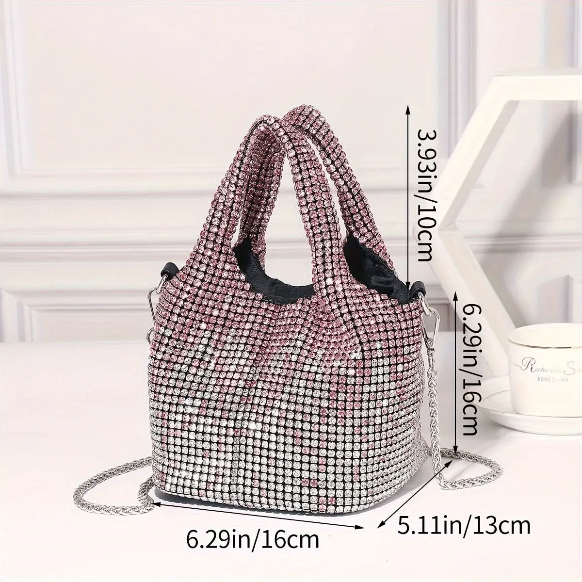 Shiny Rhinestone Bucket Bag with Chain Strap
