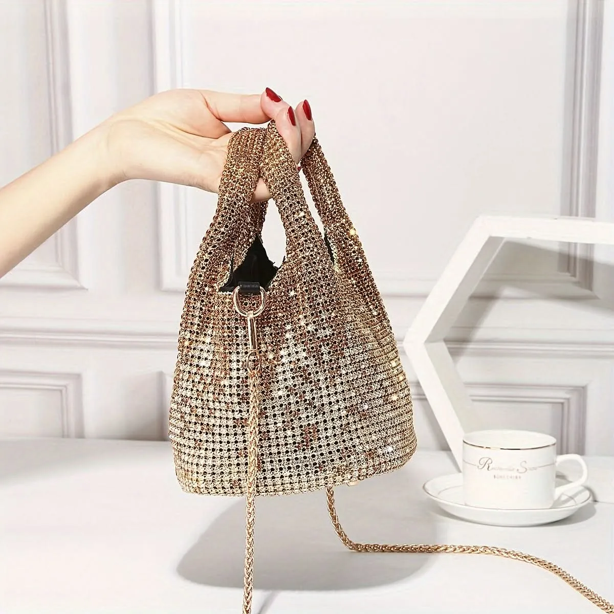 Shiny Rhinestone Bucket Bag with Chain Strap