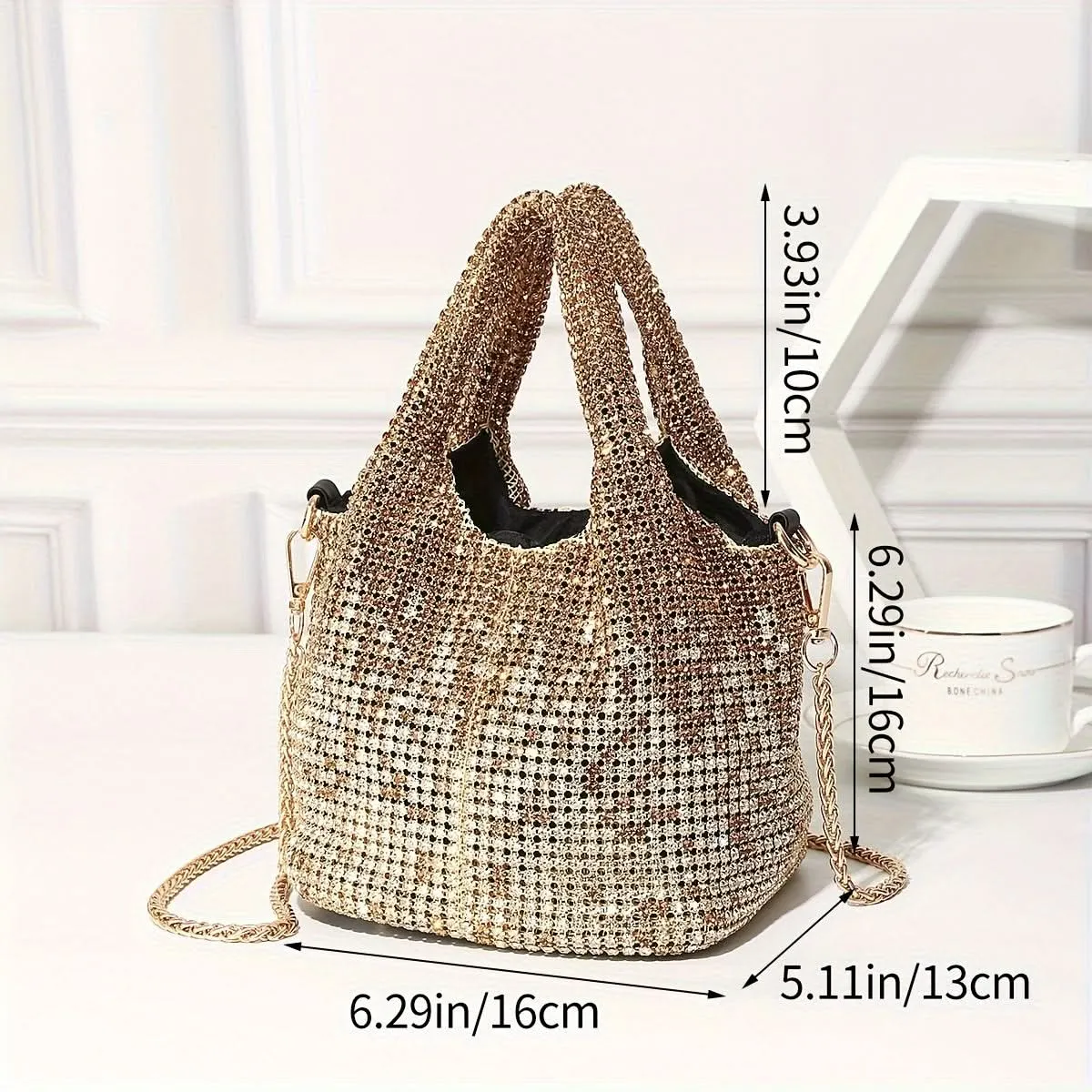 Shiny Rhinestone Bucket Bag with Chain Strap