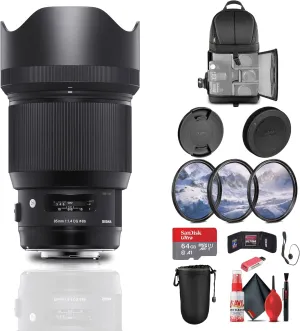 Sigma 85mm f/1.4 DG HSM Art Lens for Nikon F (321955) Bundle: 64 GB Memory Card, Card Reader, Backpack, Lens Pouch, Lens Caps, 3-Piece Filter Kit, Full Cleaning Kit, Cap Keeper, and More