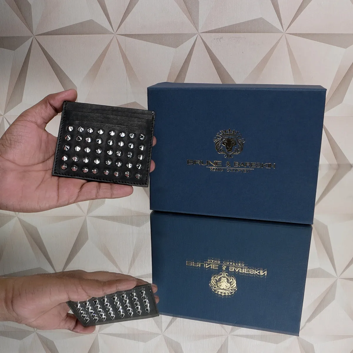 Silver Studded Black Leather Unisex Card Holder With Multi Slot By Brune & Bareskin