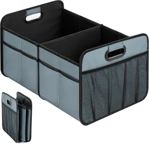 Simple Deluxe Car Trunk Organizer for SUV, Collapsible 2 Compartment 50L Automotive Storage Box with 5 Pocket, 600D Waterproof Oxford Polyester & Non Slip Bottom, Reinforced Handle, Grey-Green
