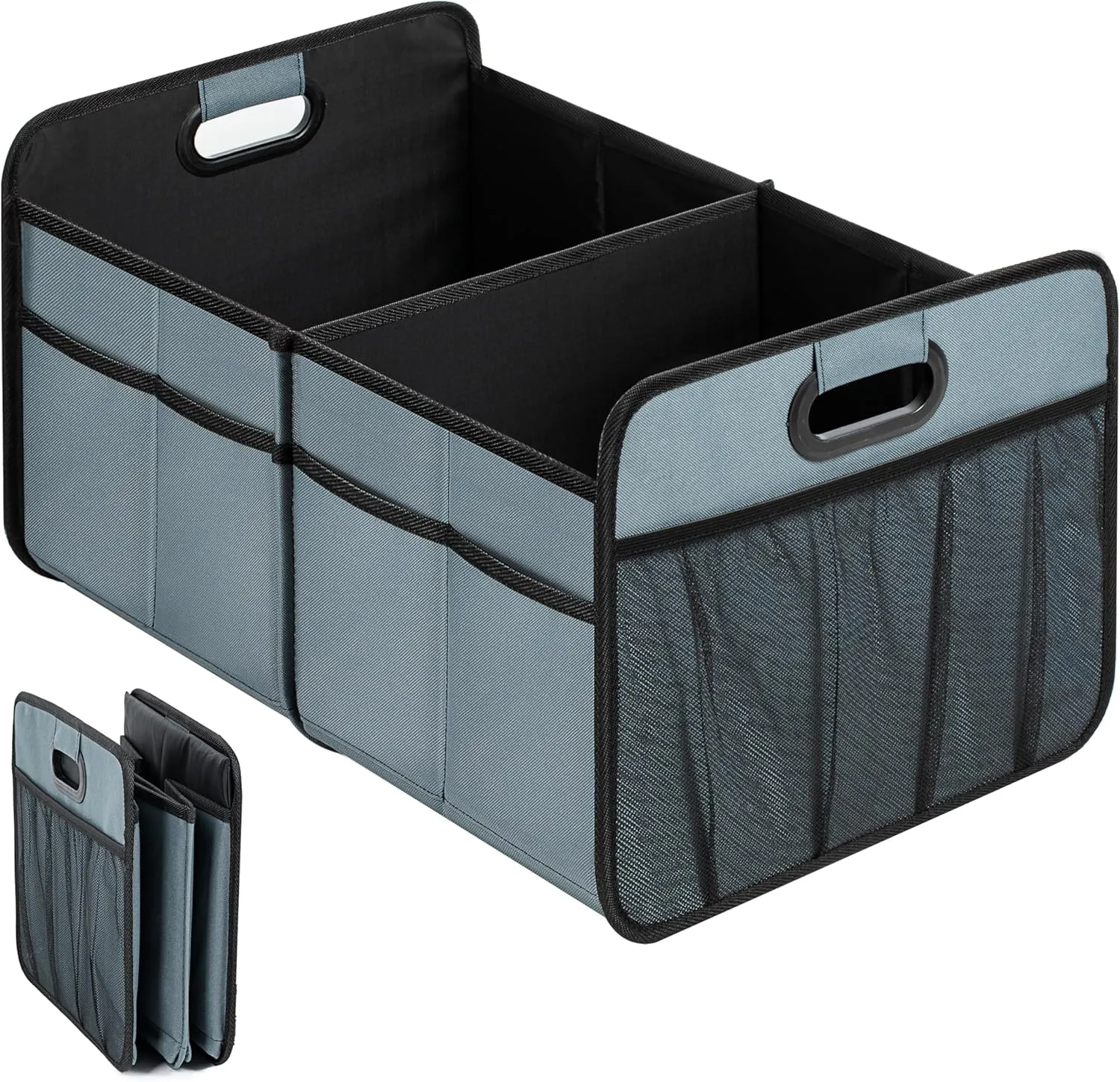 Simple Deluxe Car Trunk Organizer for SUV, Collapsible 2 Compartment 50L Automotive Storage Box with 5 Pocket, 600D Waterproof Oxford Polyester & Non Slip Bottom, Reinforced Handle, Grey-Green