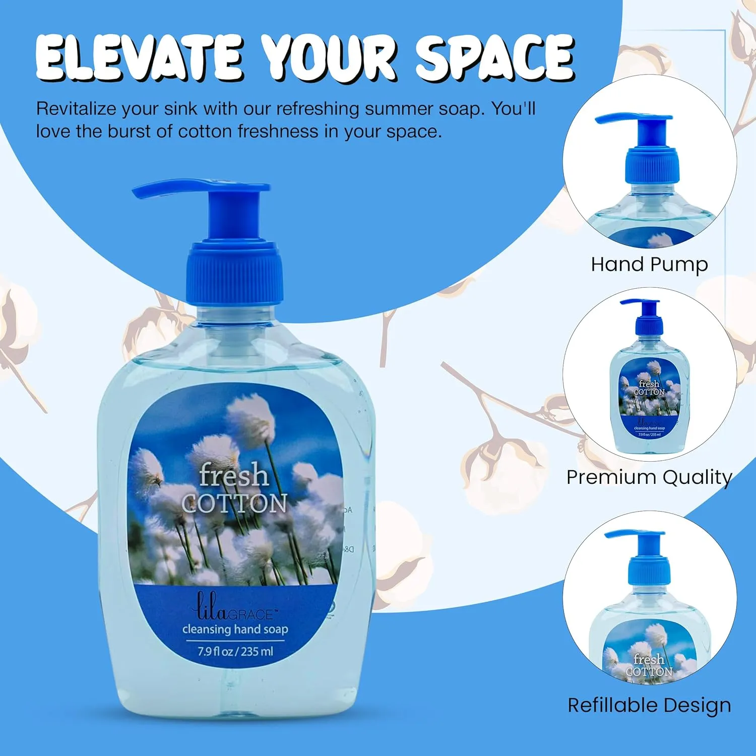 SIMPLE PLEASURES Premium Hand Soap Refills Collection - Fresh Cotton Scent, 7.9 oz Bottle with Jumbo 59 oz Refill - Goodhousekeeping Seal Approved - Multiple Scents Cotton Scented Hand Soap and Refill