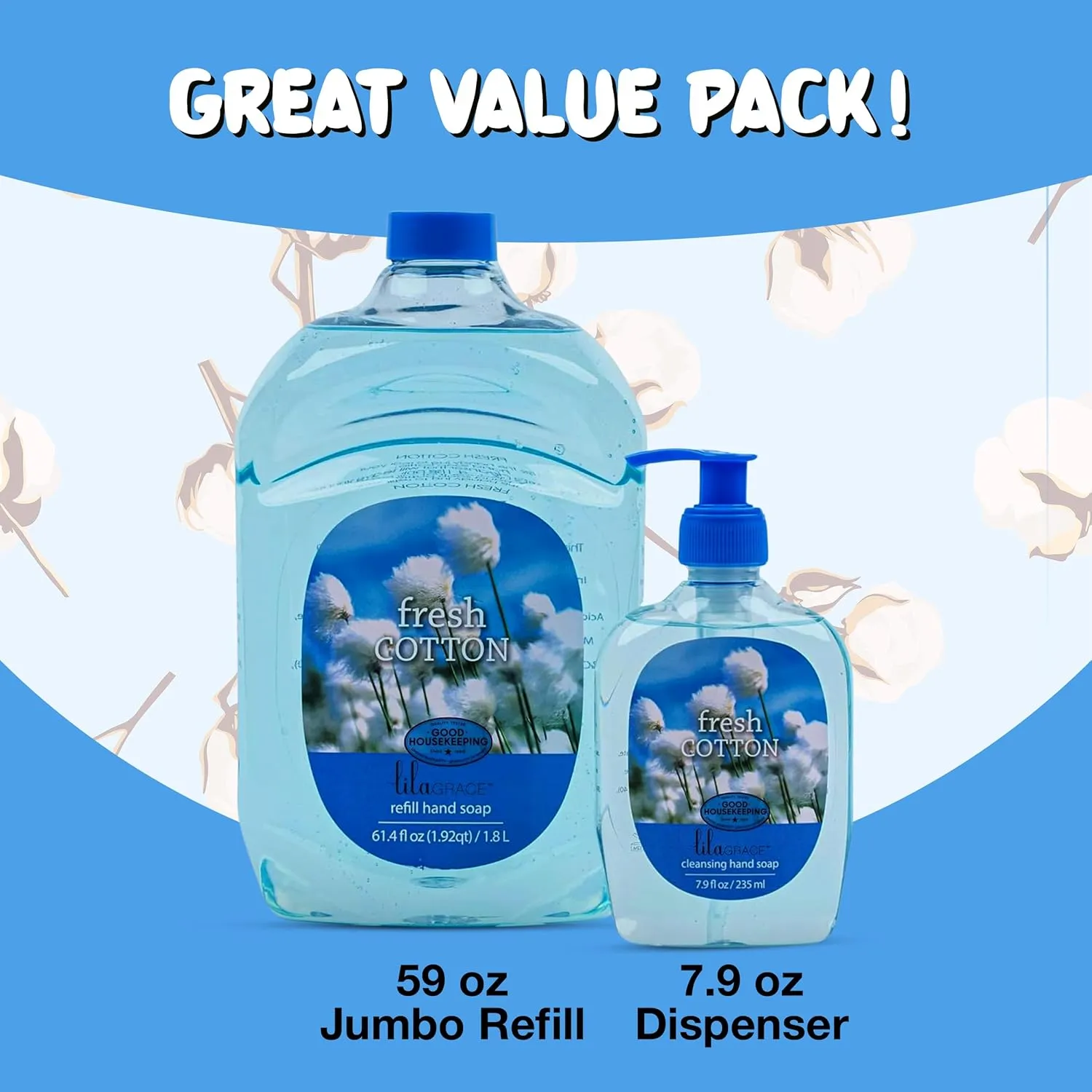SIMPLE PLEASURES Premium Hand Soap Refills Collection - Fresh Cotton Scent, 7.9 oz Bottle with Jumbo 59 oz Refill - Goodhousekeeping Seal Approved - Multiple Scents Cotton Scented Hand Soap and Refill