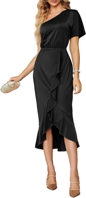 Simplee Women's Sexy One Shoulder Midi Cocktail Dress Fall Formal High Low Ruffle Elegant Party Dress for Wedding Guest (Black Medium)