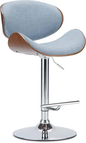 SIMPLIHOME Marana Adjustable Swivel Bar Stool - 33 inch Seat Height Upholstered Metal Bar Chair in Denim Blue Linen Look Fabric, Mid Century Seating for Kitchen or Bar with Curved Bentwood Back