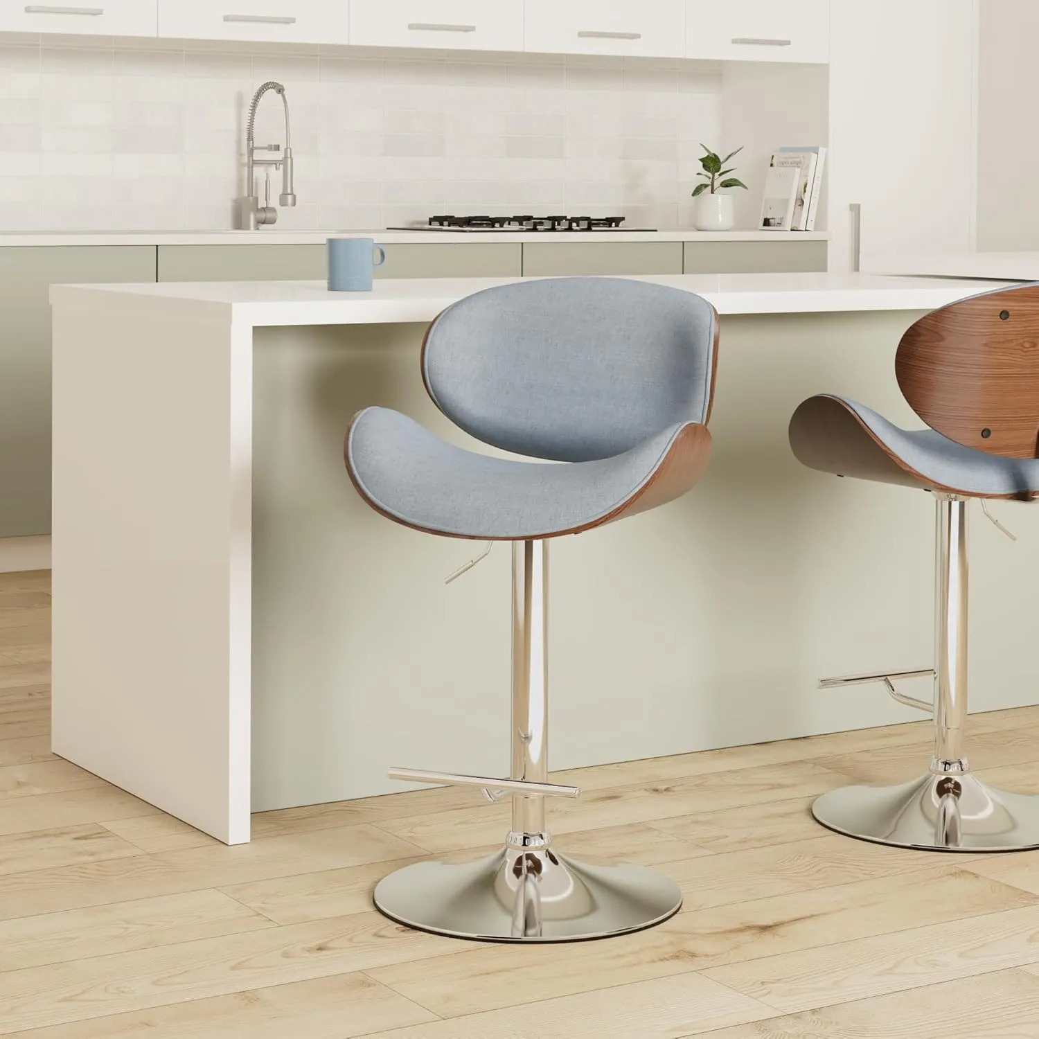 SIMPLIHOME Marana Adjustable Swivel Bar Stool - 33 inch Seat Height Upholstered Metal Bar Chair in Denim Blue Linen Look Fabric, Mid Century Seating for Kitchen or Bar with Curved Bentwood Back