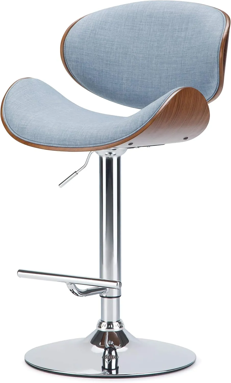 SIMPLIHOME Marana Adjustable Swivel Bar Stool - 33 inch Seat Height Upholstered Metal Bar Chair in Denim Blue Linen Look Fabric, Mid Century Seating for Kitchen or Bar with Curved Bentwood Back