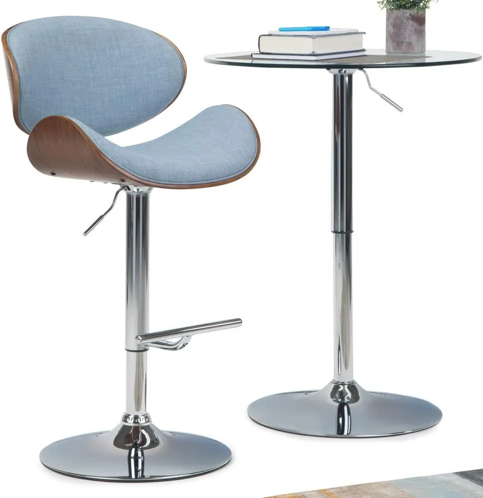 SIMPLIHOME Marana Adjustable Swivel Bar Stool - 33 inch Seat Height Upholstered Metal Bar Chair in Denim Blue Linen Look Fabric, Mid Century Seating for Kitchen or Bar with Curved Bentwood Back