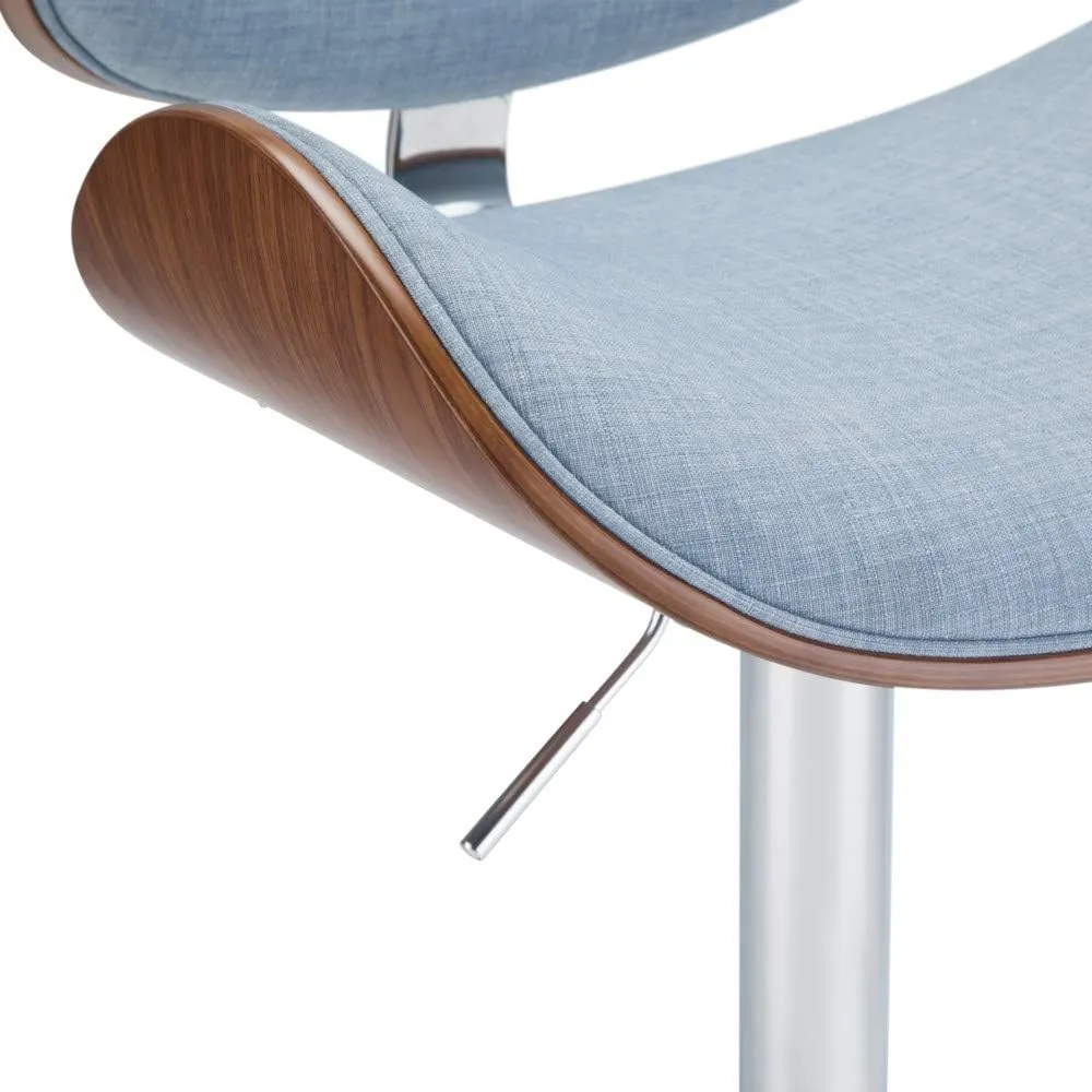 SIMPLIHOME Marana Adjustable Swivel Bar Stool - 33 inch Seat Height Upholstered Metal Bar Chair in Denim Blue Linen Look Fabric, Mid Century Seating for Kitchen or Bar with Curved Bentwood Back