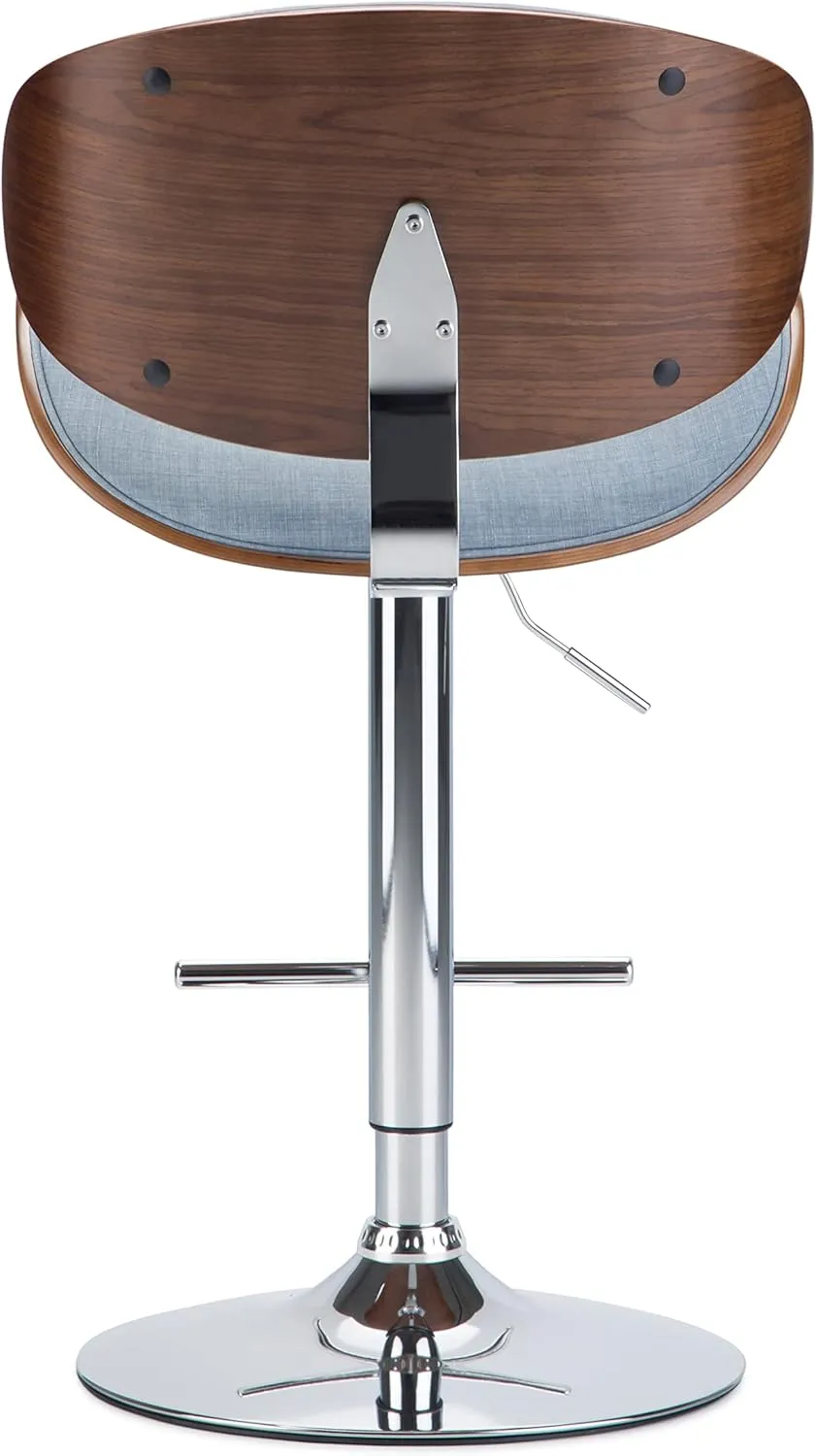 SIMPLIHOME Marana Adjustable Swivel Bar Stool - 33 inch Seat Height Upholstered Metal Bar Chair in Denim Blue Linen Look Fabric, Mid Century Seating for Kitchen or Bar with Curved Bentwood Back